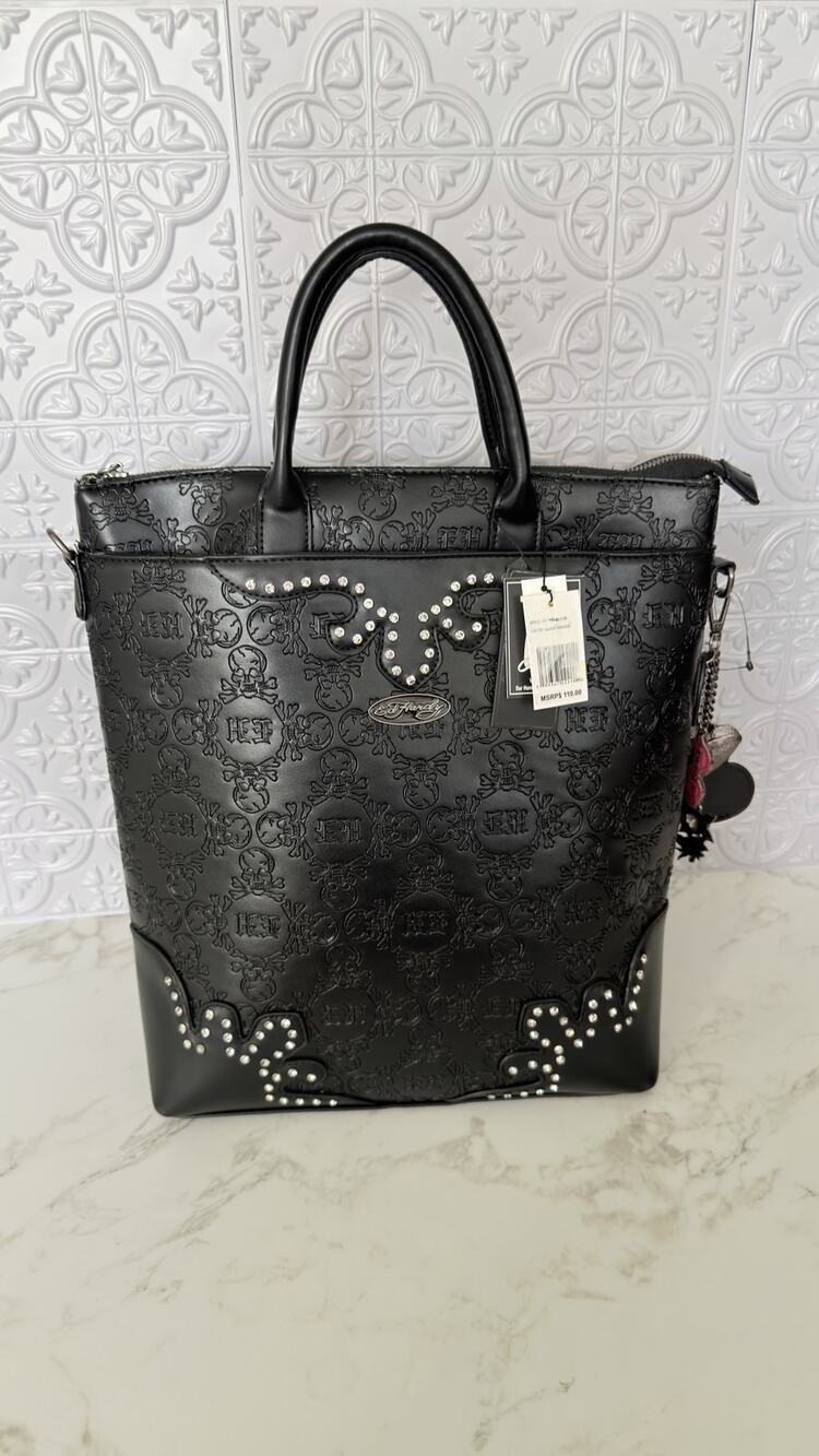 Ed Hardy Embossed Skull Studded Convertible Backpack Tote Handbag Black NWT